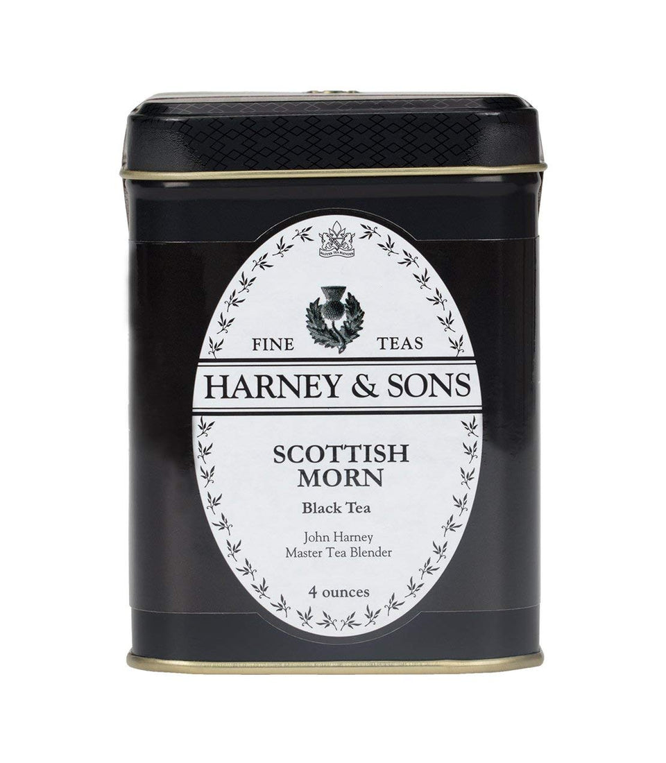 Harney & Sons Scottish Morn loose tea leaves in tin deliver bold flavor for robust mornings.