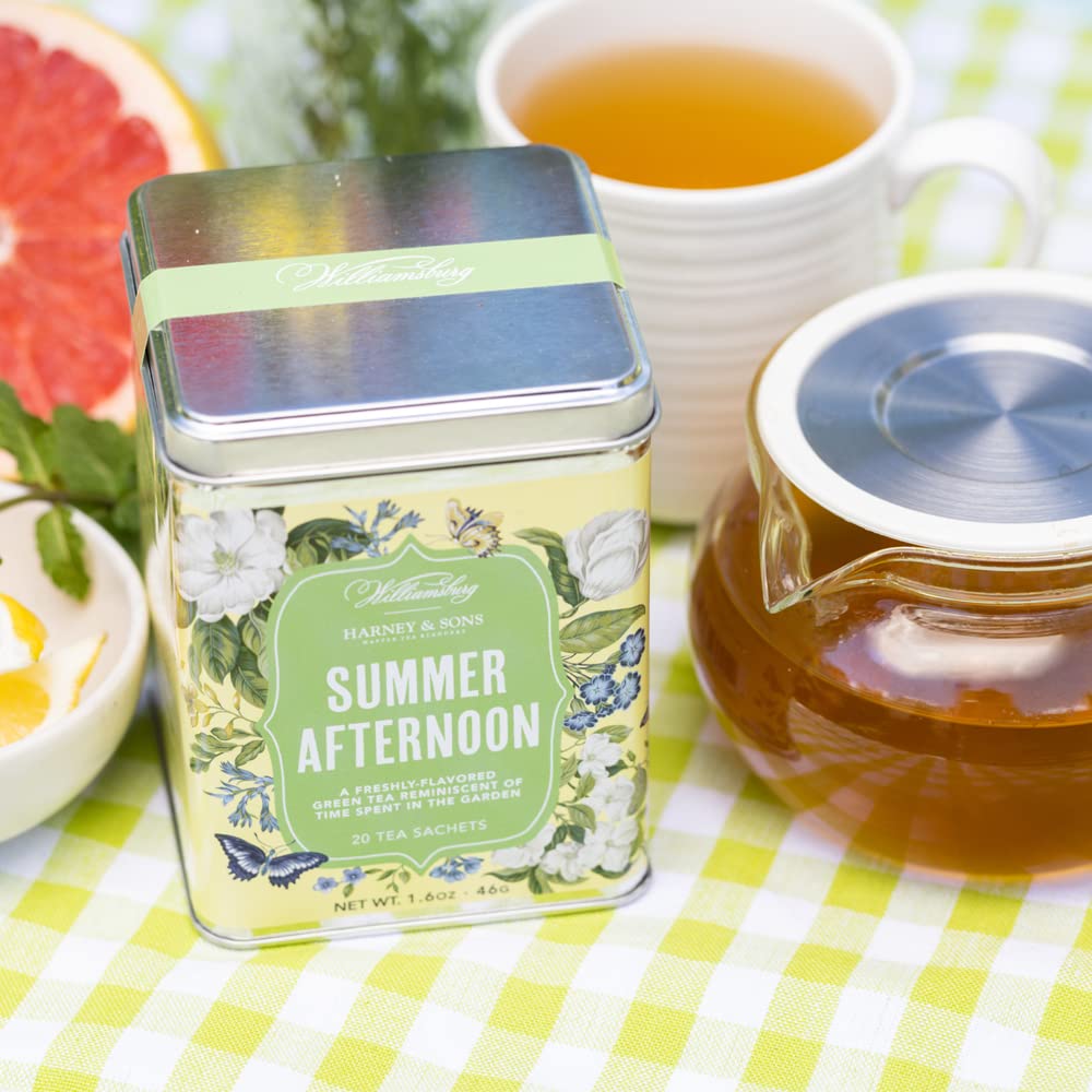 Harney & Sons Summer Afternoon cup steaming showcases citrus and floral notes for bright, uplifting sips.
