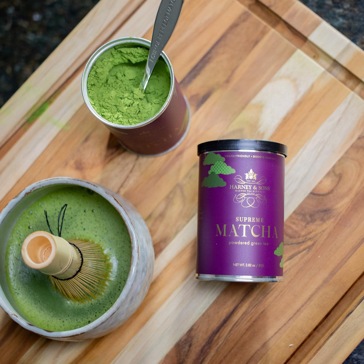 Tencha-derived Supreme Matcha powder from Harney & Sons, vibrant color and aroma.