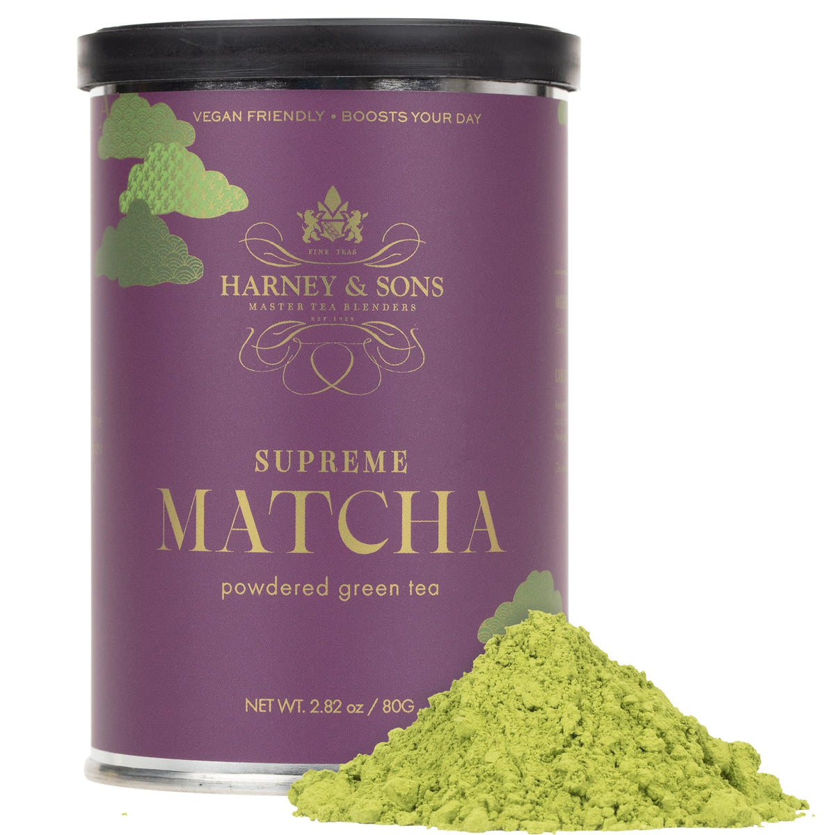 Harney & Sons Supreme Matcha tin front view, vibrant green powder for lattes.