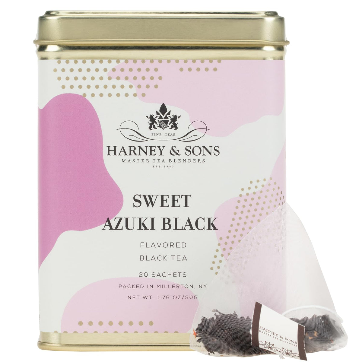 Harney & Sons Sweet Azuki Black Tea tin with red safflowers, ideal for cozy cup