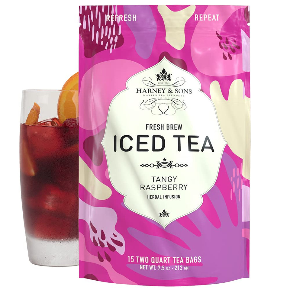 Harney & Sons Tangy Raspberry Iced Tea packaging showcases caffeine-free refreshment.