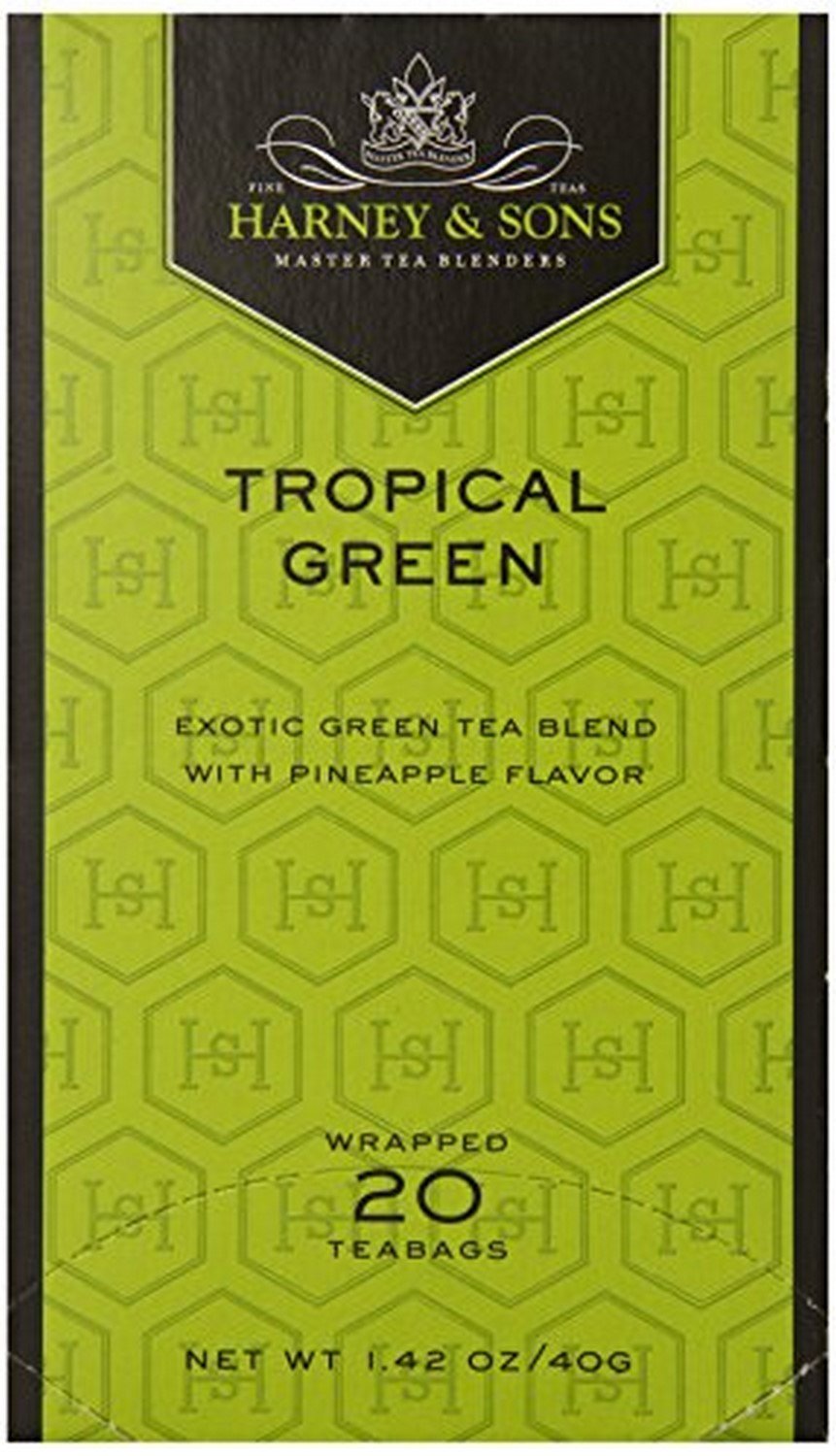 Harney & Sons Tropical Green Prem Pack packaging showcases premium quality for on-the-go brewing.
