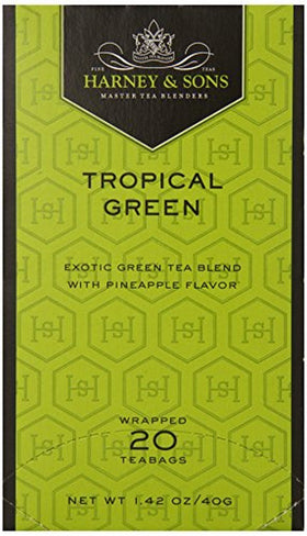 Harney & Sons Tropical Green Prem Pack packaging showcases premium quality for on-the-go brewing.