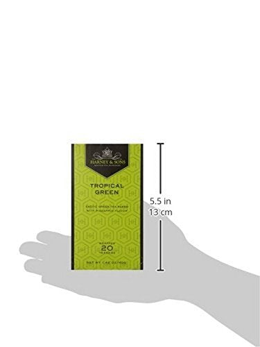 Stack of Harney & Sons Tropical Green tea bags in a six-pack for easy prep.