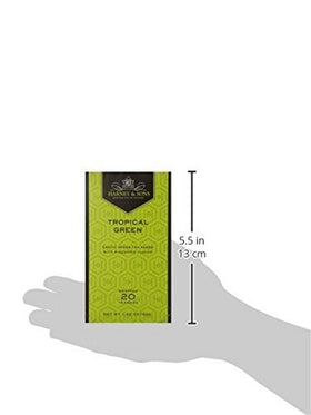 Stack of Harney & Sons Tropical Green tea bags in a six-pack for easy prep.