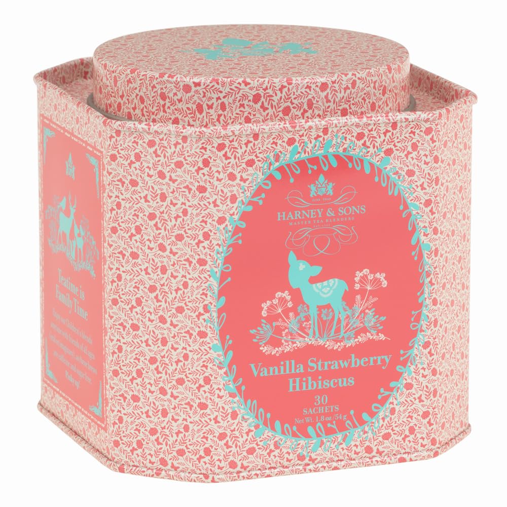 Harney and Sons Vanilla Strawberry Hibiscus tea tin showcases caffeine-free flavor for gatherings