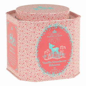 Harney and Sons Vanilla Strawberry Hibiscus tea tin showcases caffeine-free flavor for gatherings