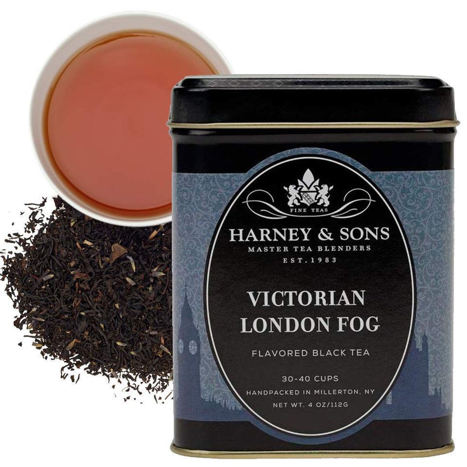 Harney and Sons Victorian London Fog tea brew in a mug, bergamot notes and vanilla warmth.
