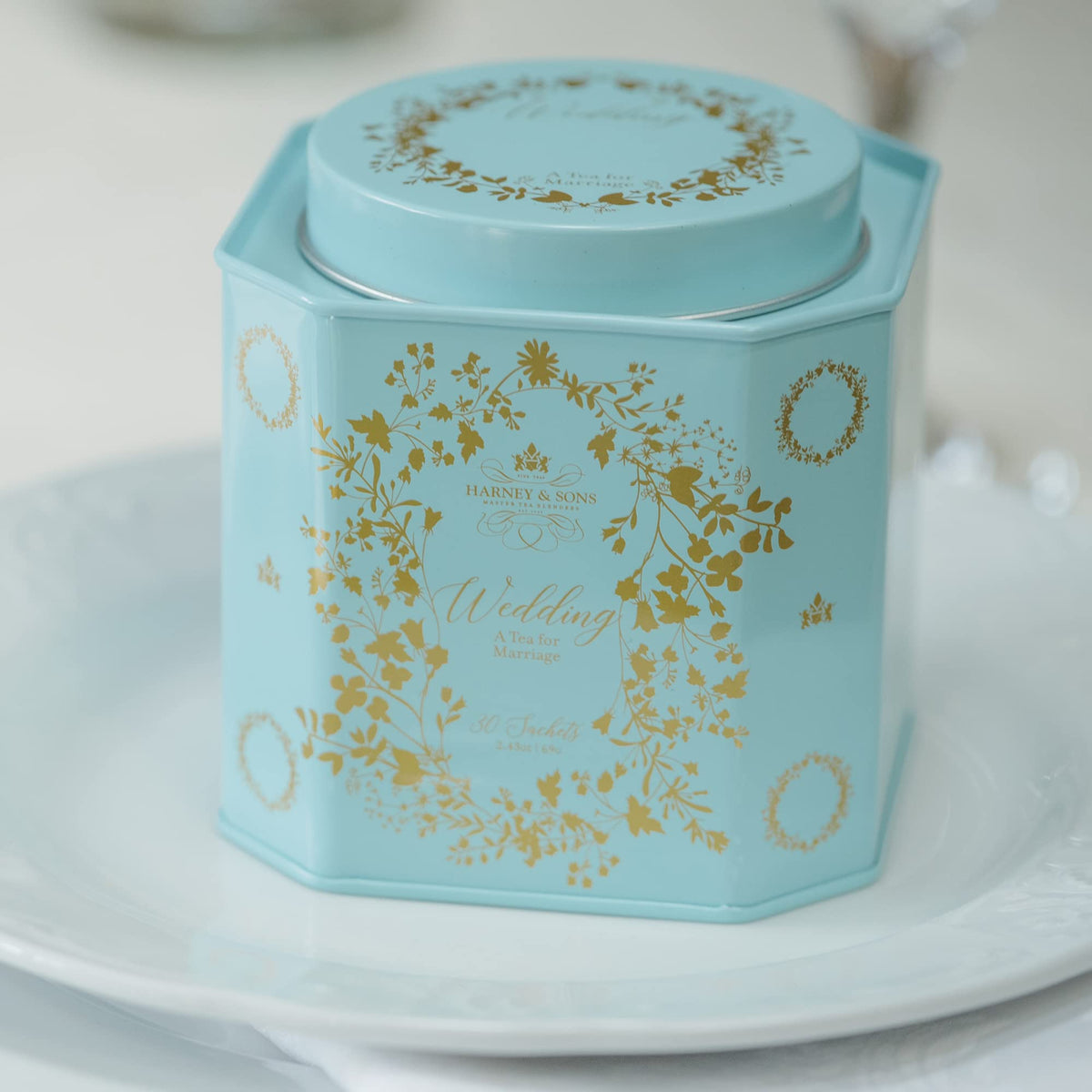 Harney & Sons Wedding Tea rosebuds closeup, fragrant notes for celebrations.