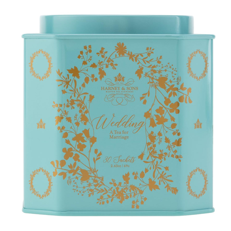Harney & Sons Wedding Tea tin front, perfect elegant gift for couples.