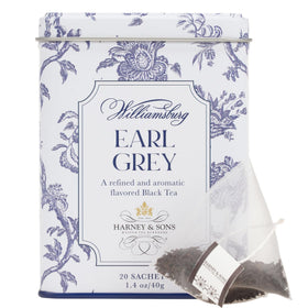 Harney and Sons Williamsburg Earl Grey tin with Arcadia pattern, ideal for gifting or daily rituals.