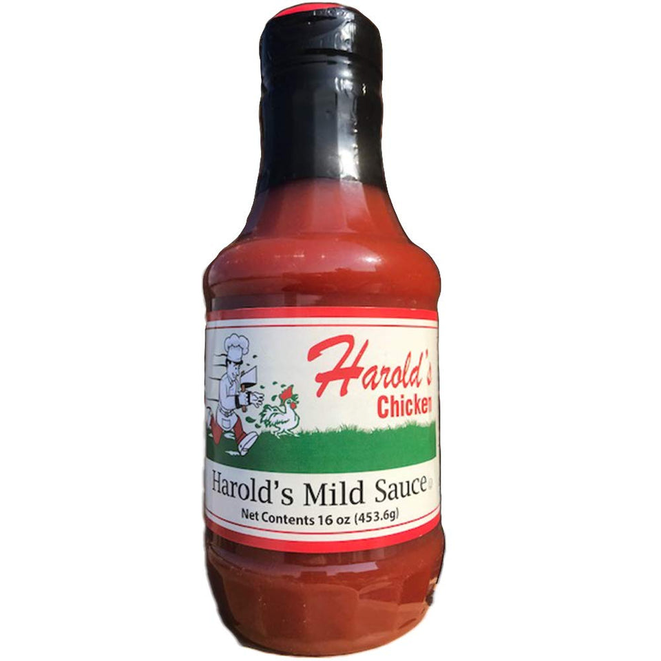 Harold's Chicken Mild Sauce 16oz bottle enhances crispy fried chicken with balanced tangy flavor.