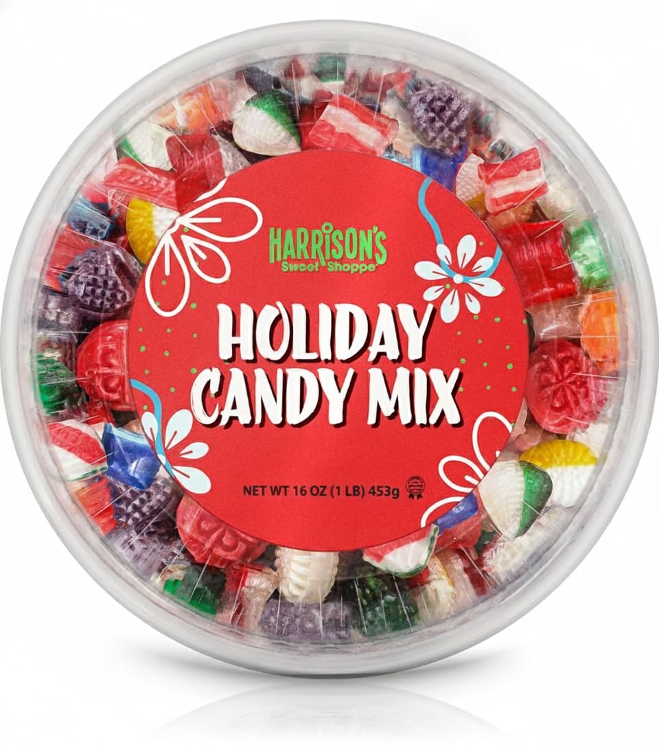 HARRISON'S assorted hard candy tub exterior, a presentable holiday gift option.
