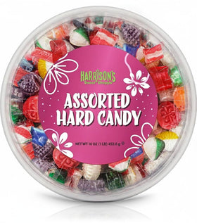 HARRISON'S assorted hard candy tub with colorful flavors, ideal for sharing at parties.