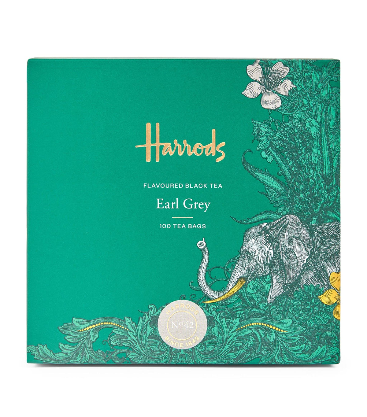 Harrods Earl Grey No. 42 box with 100 tea bags for elegant tea moments
