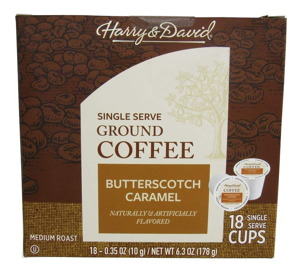 Harry and David butterscotch caramel coffee cups on a kitchen counter deliver a smooth, aromatic morning brew.