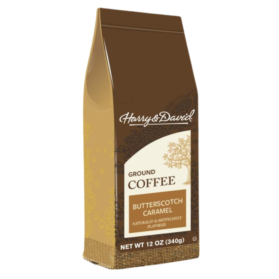 Harry & David Butterscotch Caramel Ground Coffee 12oz bag for a smooth morning cup.
