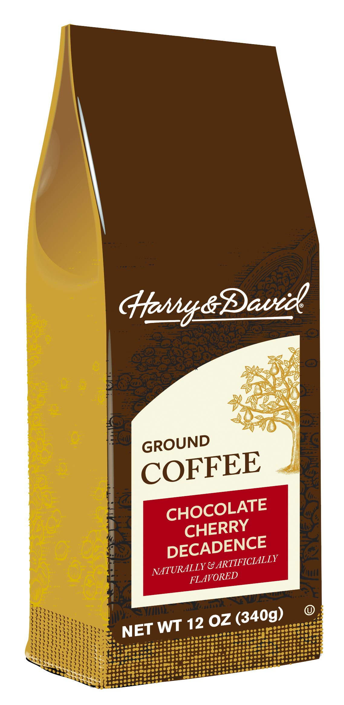 Harry & David Chocolate Cherry Decadence ground coffee bag for rich morning aroma.