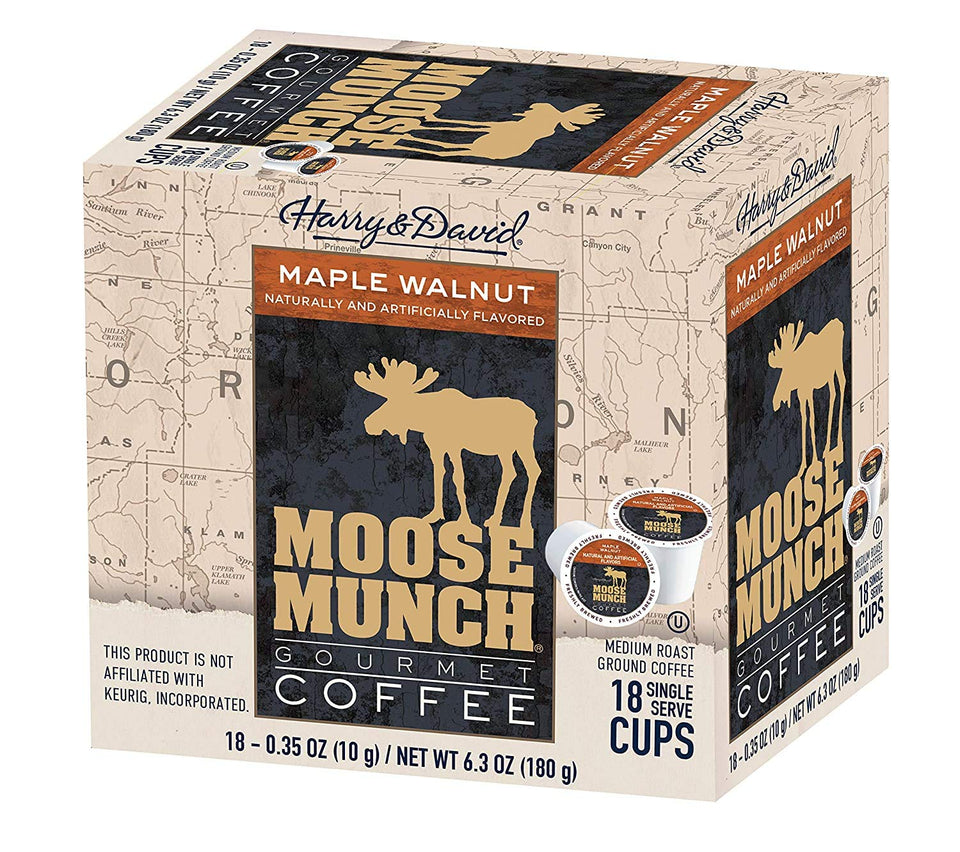 Harry and David Moose Munch Coffee Maple Walnut cups deliver a smooth, aromatic brew.