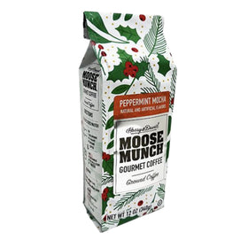Harry & David Moose Munch Peppermint Mocha coffee bag, premium Arabica beans for a festive brew.