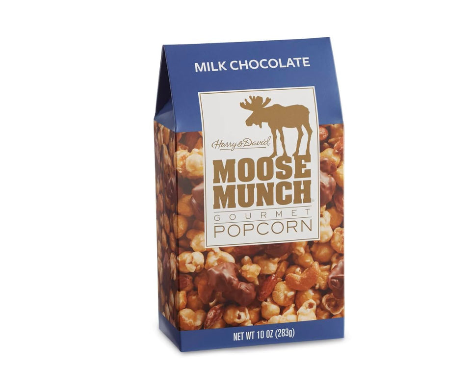 Harry & David Moose Munch Milk Chocolate popcorn in a 10 oz tin, ideal gift.
