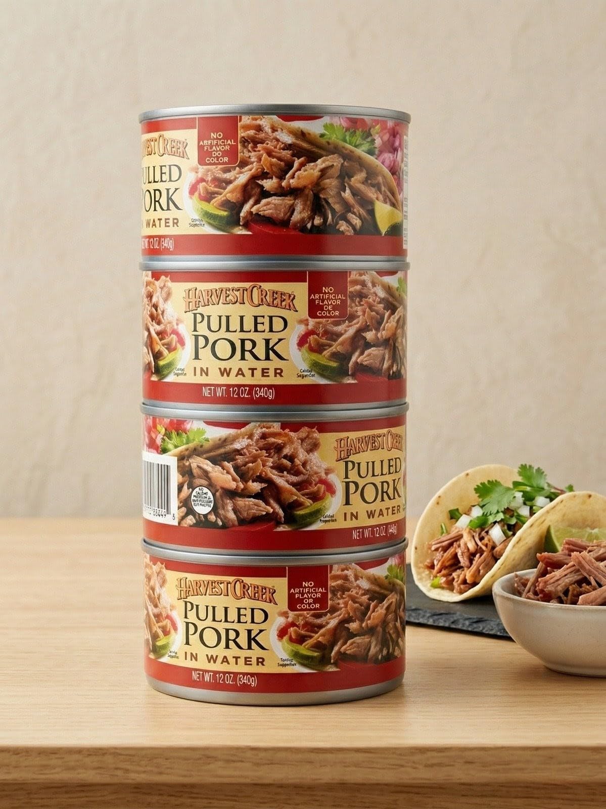 Harvest Creek pulled pork pack four-12oz cans ready to heat for quick meals