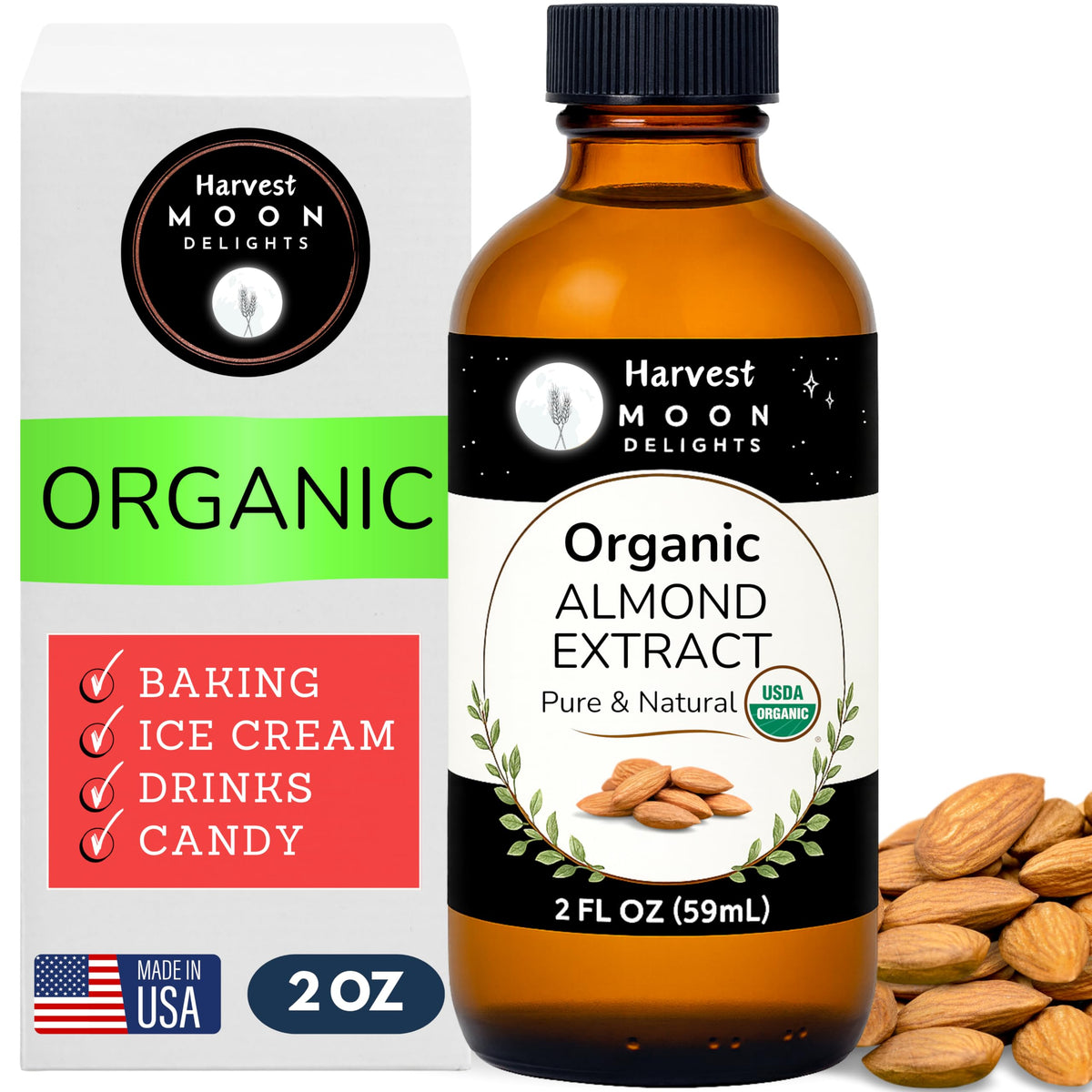 Harvest Moon Delights Organic Almond Extract bottle showcasing premium baking flavor