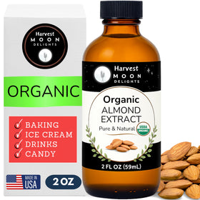 Harvest Moon Delights Organic Almond Extract bottle showcasing premium baking flavor