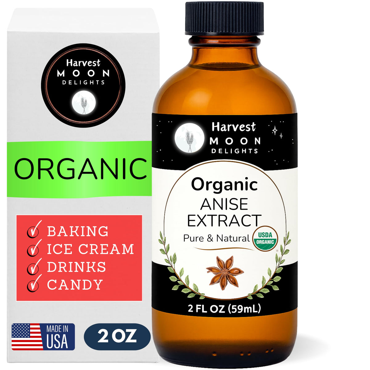 Harvest Moon Delights anise extract bottle for rich baking aroma.
