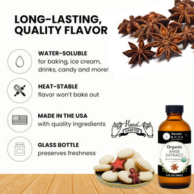 Harvest Moon Delights anise extract bottle label detail highlights organic, non-GMO ingredients.