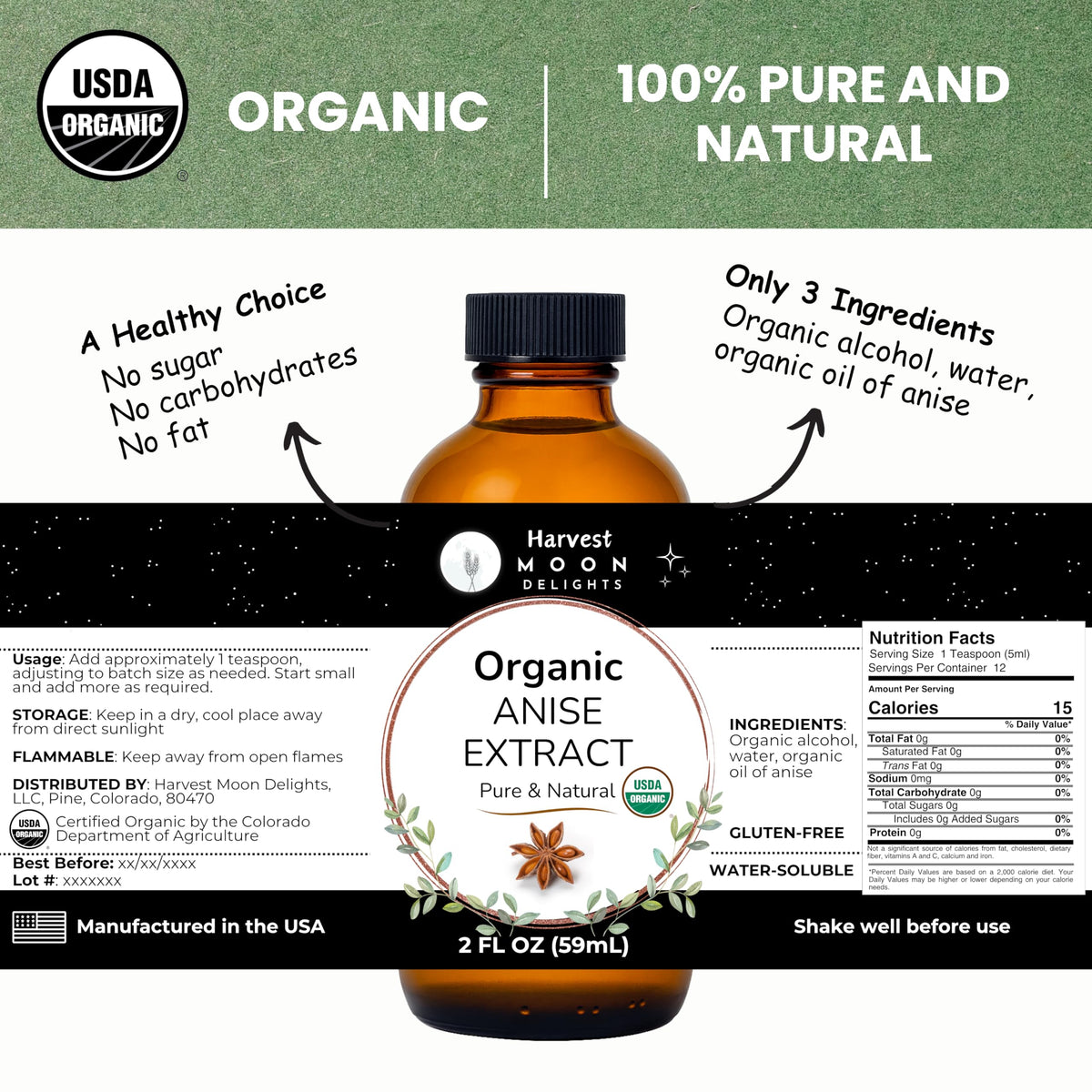 Harvest Moon Delights anise extract pour shows easy integration into drinks.