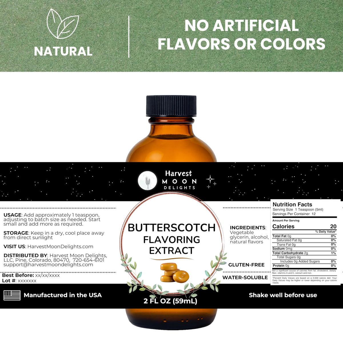 Harvest Moon Delights butterscotch extract label highlights natural ingredients.