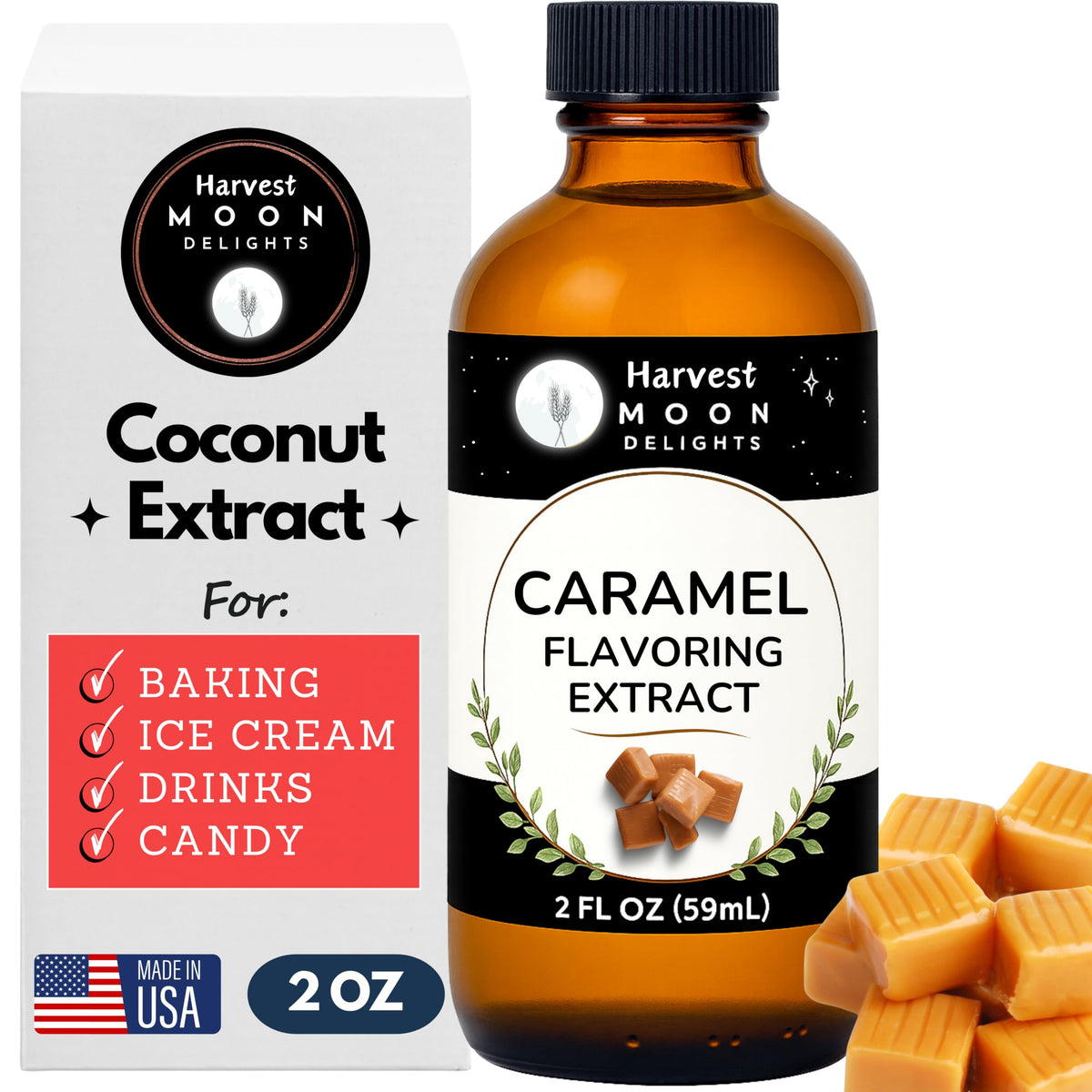 Harvest Moon Delights caramel extract bottle for rich flavor in baking.