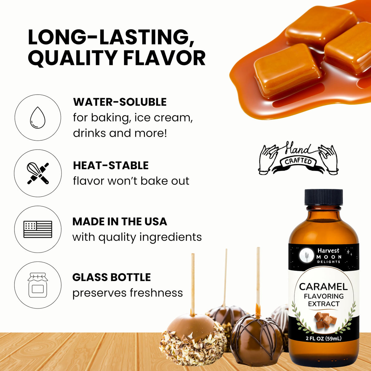 Harvest Moon Delights caramel extract glass bottle closeup preserves freshness.