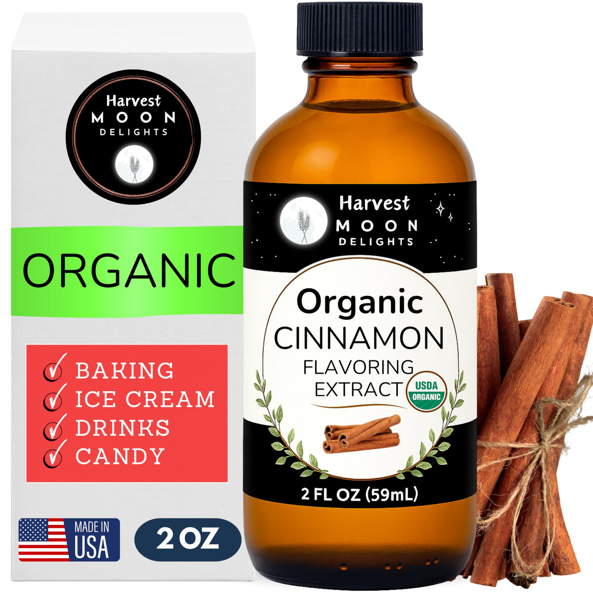 Harvest Moon Delights cinnamon bottle close-up for authentic baking flavor