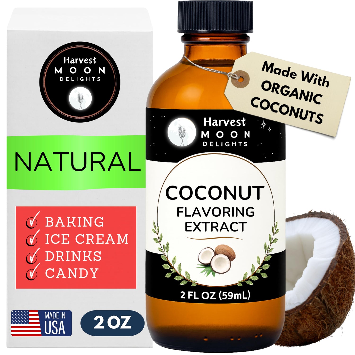 Harvest Moon Delights coconut extract bottle ready for baking and flavor.