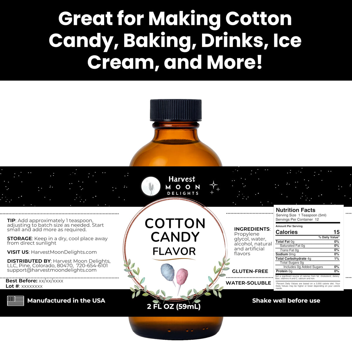 Harvest Moon Delights cotton candy flavoring label close-up with premium ingredients