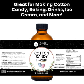 Harvest Moon Delights cotton candy flavoring label close-up with premium ingredients