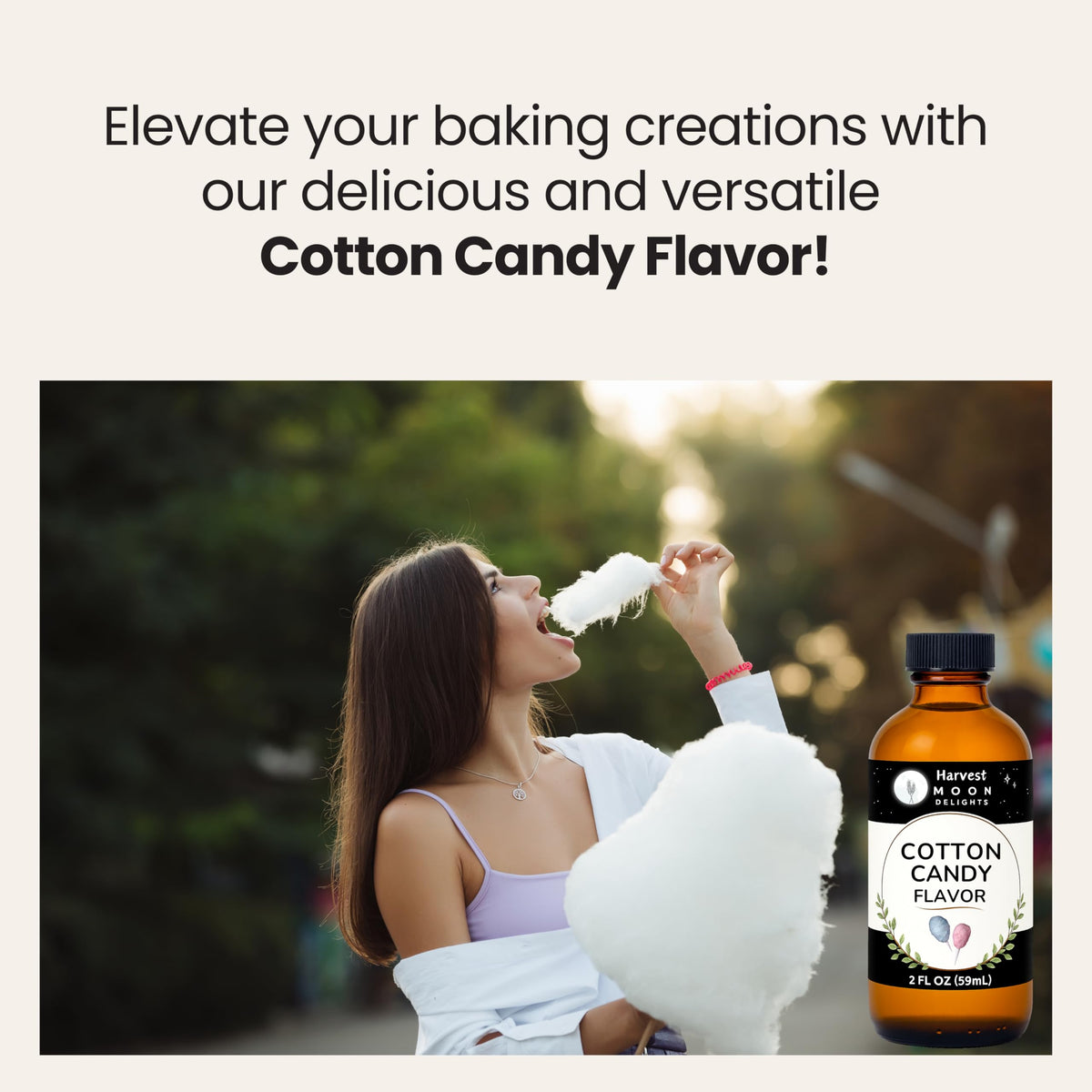 Harvest Moon Delights cotton candy flavoring USA-made seal emphasizes quality