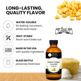 Glass bottle closeup of Harvest Moon Delights corn flavoring