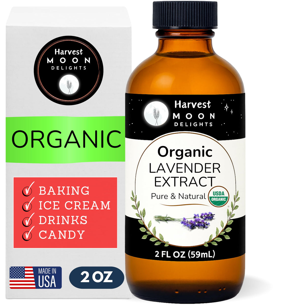 Harvest Moon Delights lavender extract bottle on kitchen counter, ideal for baking and beverages.