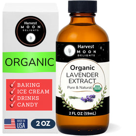 Harvest Moon Delights lavender extract bottle on kitchen counter, ideal for baking and beverages.
