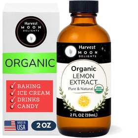Harvest Moon Delights lemon extract bottle highlights pure organic flavor ideal for baking.