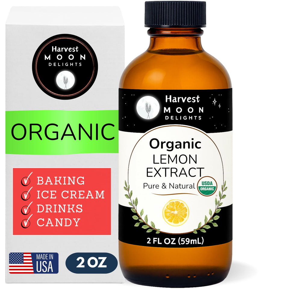Harvest Moon Delights lemon extract bottle highlights pure organic flavor ideal for baking.