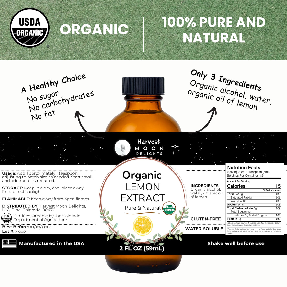 Harvest Moon Delights lemon extract label shows organic ingredients for confident kitchen use.