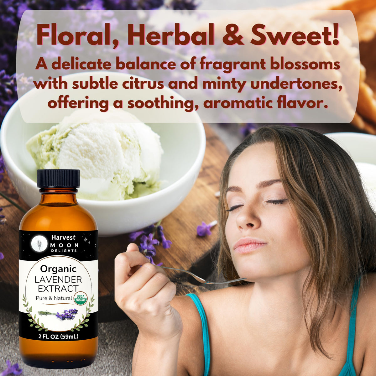 Harvest Moon Delights lemonade glass with lavender flavor notes and bottle.