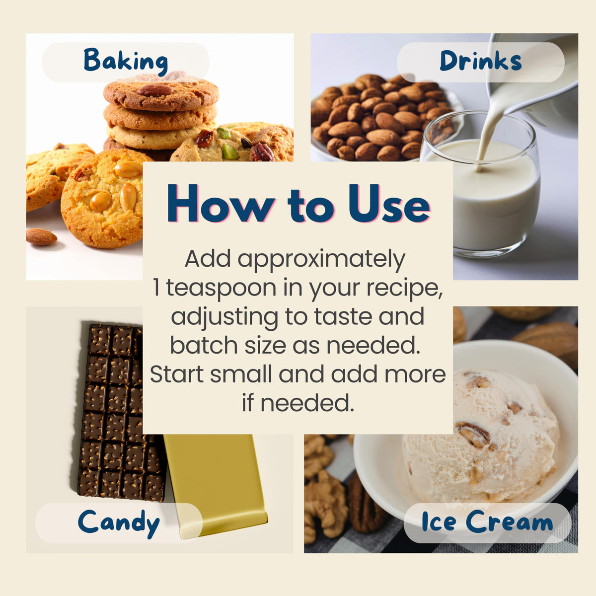 Harvest Moon Delights measuring spoon with drops illustrates precise flavoring for recipes