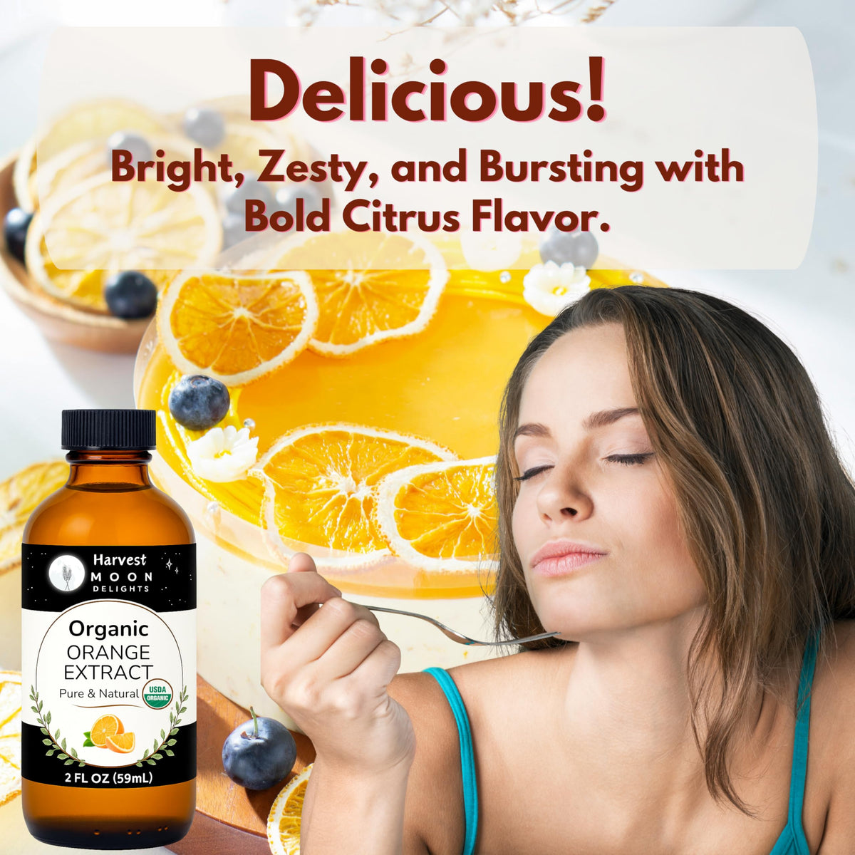 Cap and dropper on Harvest Moon Delights orange extract for precise dosing