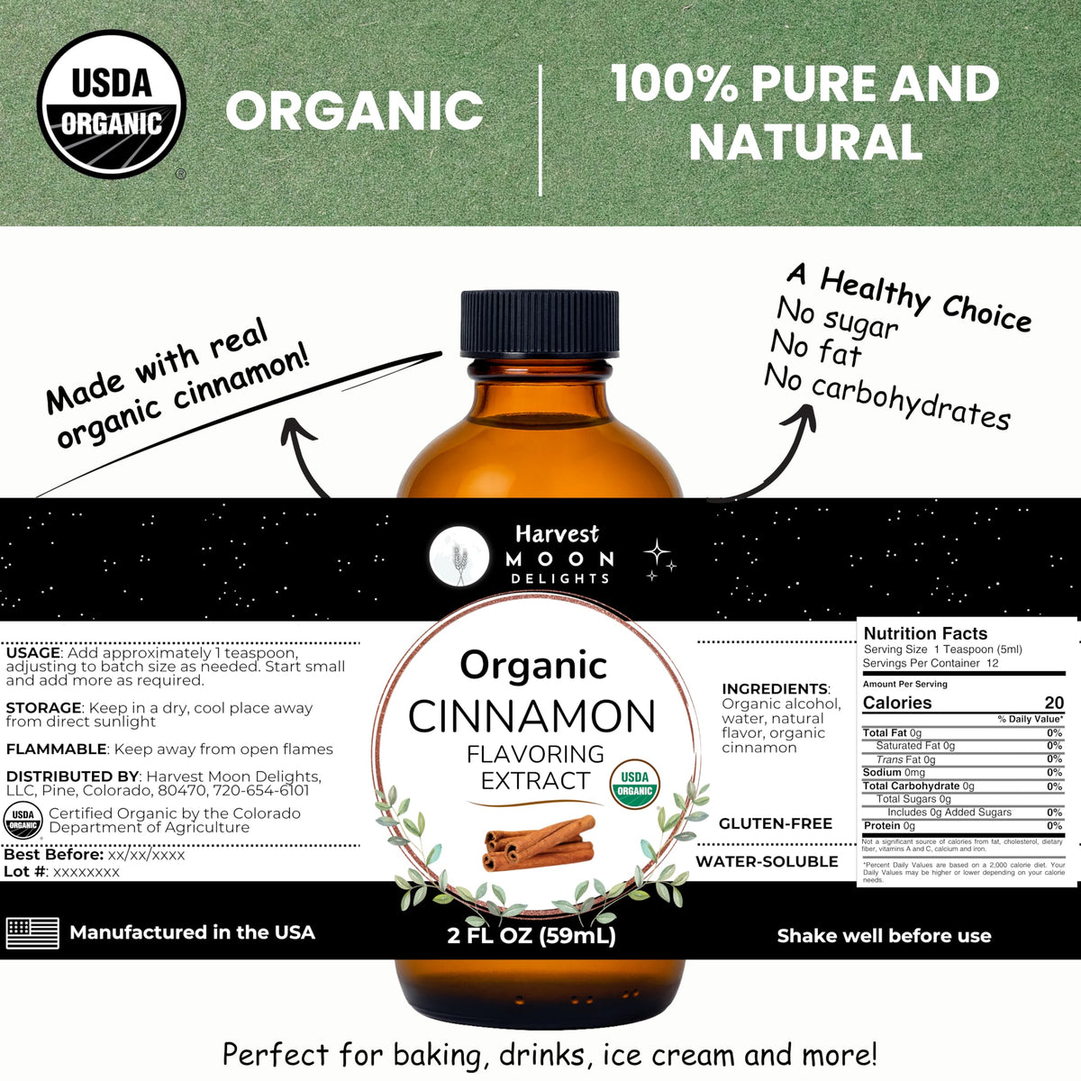 Harvest Moon Delights organic cinnamon extract label shows pure organic ingredients